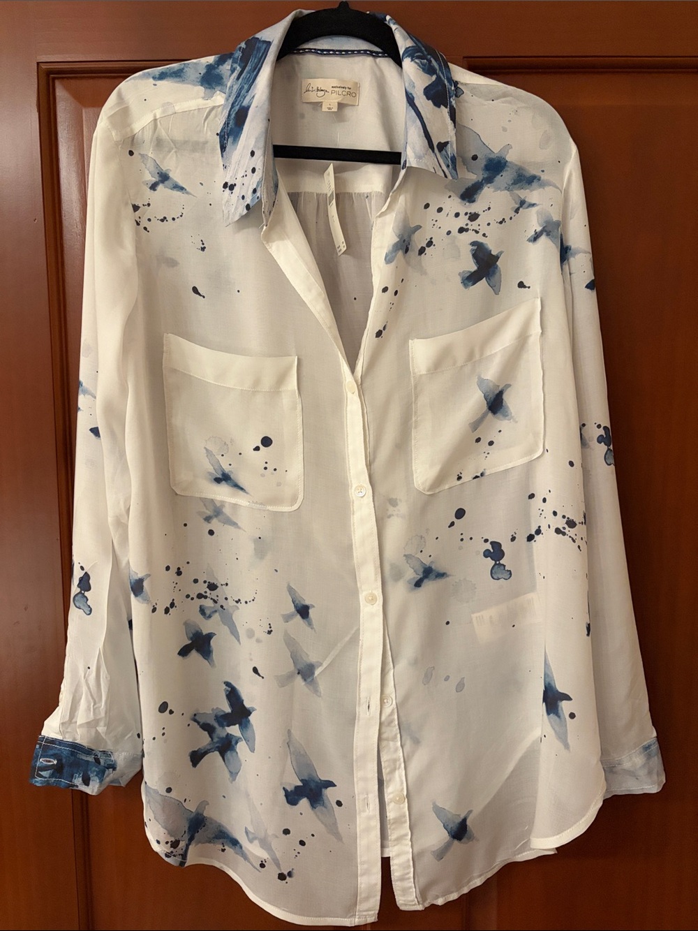 Pilcro White Button-Down Shirt with Blue Bird Splash Print